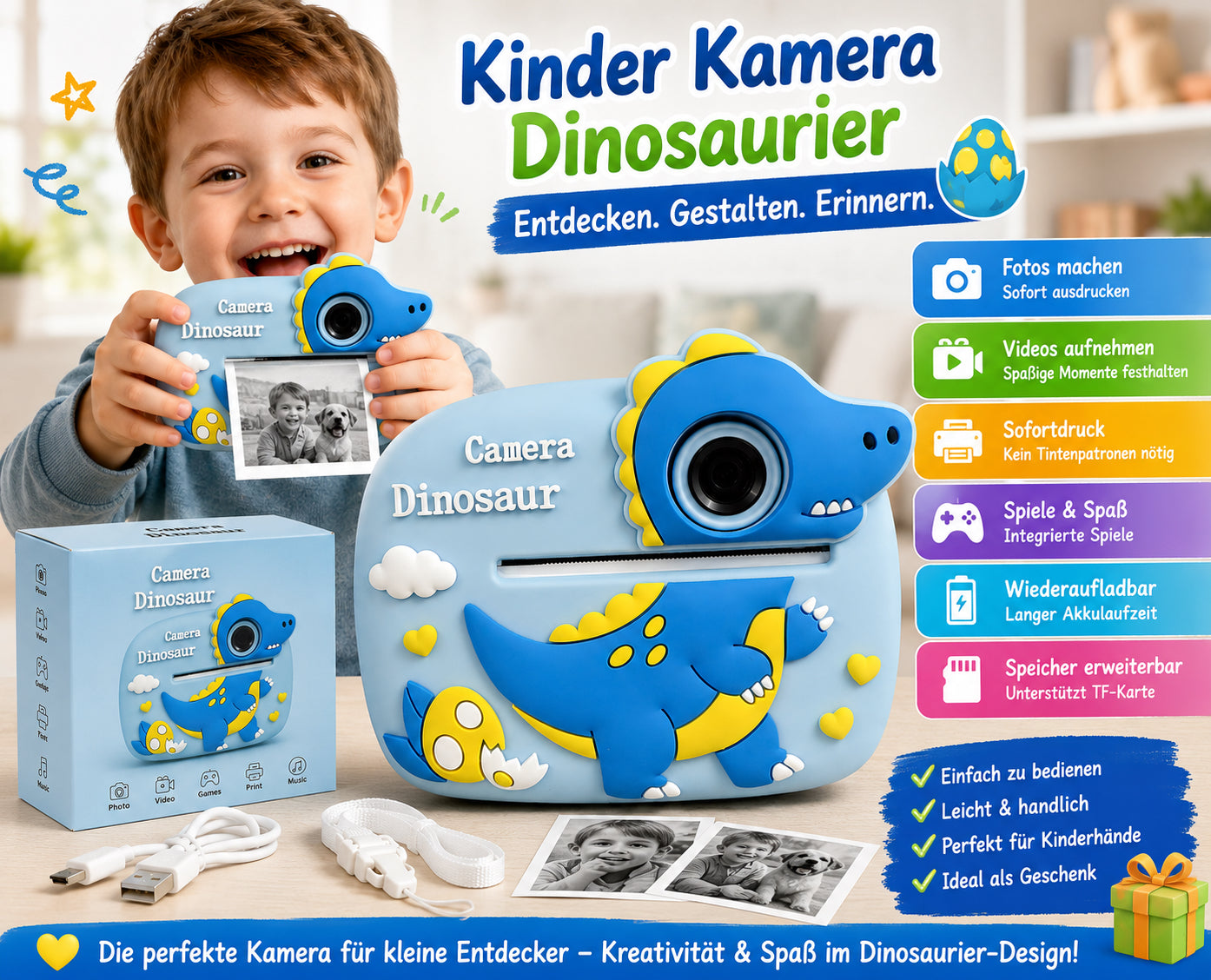 Kinderkamera mit Sofortdruck Dinosaurier Kamera Foto Video Spiele MP3 Blau