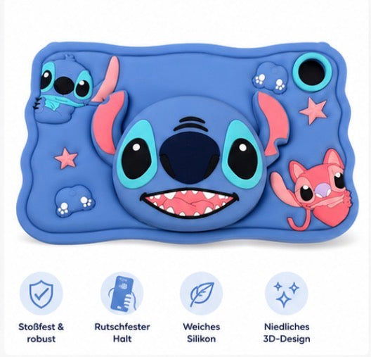 Stitch Tablet Hülle für Samsung Galaxy Tab A9 / A11 – Kinder Silikon Schutzhülle mit 3D Pop-Up Design, Trageband, Stoßschutz, Standfunktion, Weiche Schutzhülle