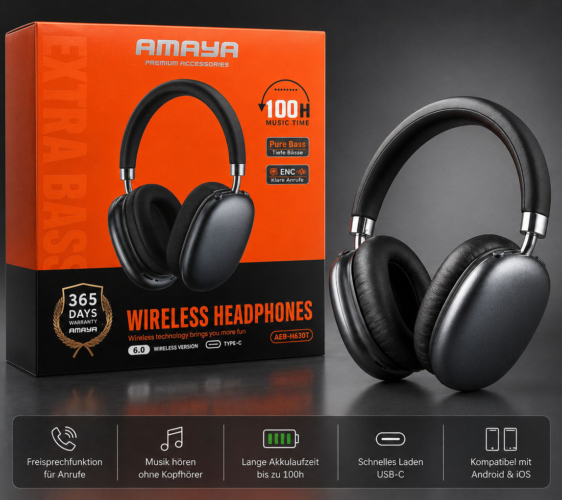 AMAYA AEB-H630T Wireless Bluetooth Kopfhörer – 100 Std. Akkulaufzeit, ENC, Pure Bass, Bluetooth 6.0, USB-C, TF-Karten-Slot