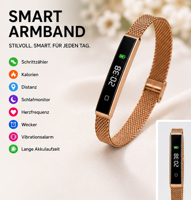 Smart Armband Fitness Tracker LED Display Edelstahl Damen Silber