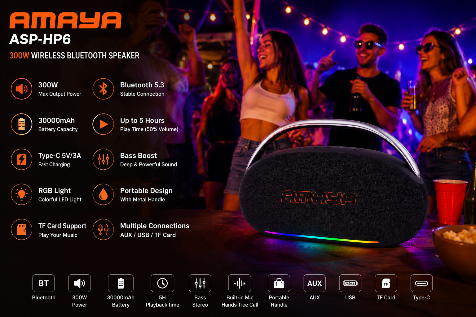 AMAYA 300W Bluetooth tragbare Lautsprecher Boombox RGB Licht USB AUX TF Akku Box