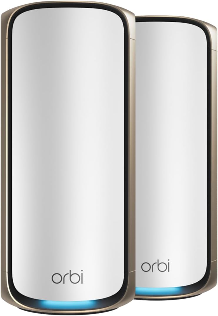 NETGEAR Orbi 970 Series Quad-Band WiFi 7 Mesh Netzwerksystem (RBE972S), Router + 1 Satelliten-Extender, Sicherheitsfunktionen, bis zu 27 Gbit/s, deckt bis zu 200 Geräte, 10-Gig-Internet-Port