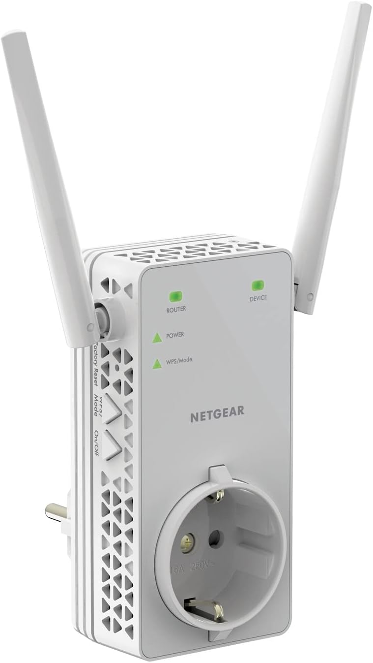 Netgear WLAN Repeater EX6130 WLAN Verstärker, integrierte Steckdose, AC1200 Dual Band WiFi, Abdeckung 2 bis 3 Räume & 20 Geräte, Geschwindigkeit bis zu 1200 MBit/s ,‎Weiß
