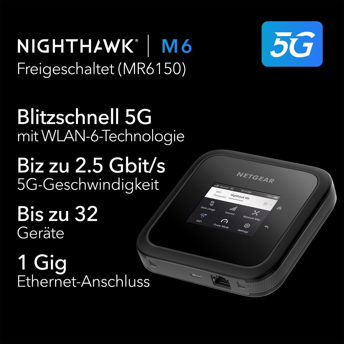 NETGEAR Nighthawk M6 (MR6150), 5G Router Sim-Karte WiFi 6, Tragbarer 5G LTE Modem Router, Mobiler WLAN Sim Karten Router für zu Hause, 4G/5G Hotspot, Ultraschnell, bis zu 2.5 GBit/s