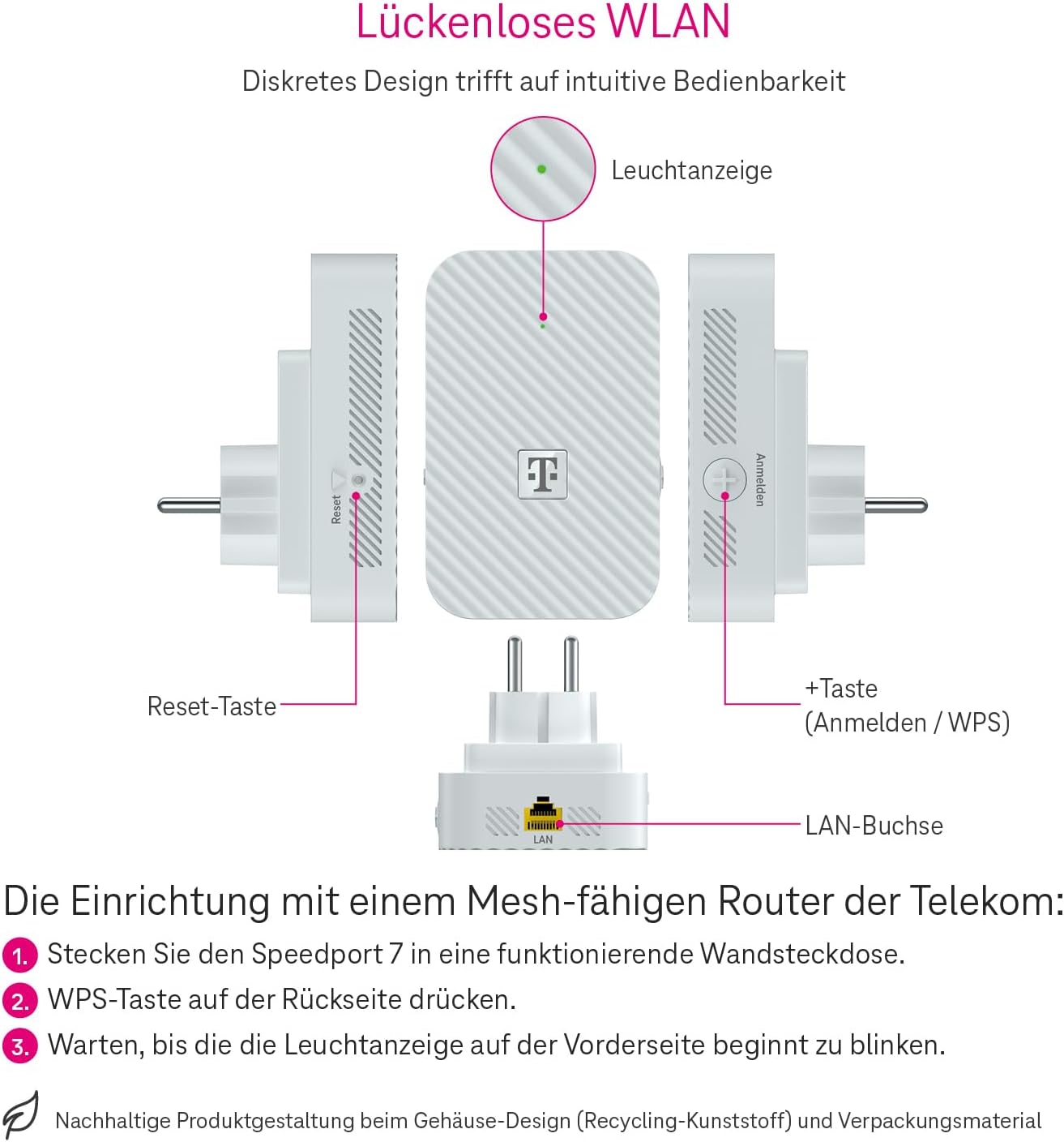 Telekom Speedport 7 Repeater – nur kompatibel mit Speedport 7 Router I Wi-Fi 7 fähiger WLAN-Verstärker I 6.400 Mbit/s, Mesh-Technologie I Ideal für TV in UHD & 4K I Plug & Play per WPS, LAN-Anschluss - Gebraucht - Wie Neu