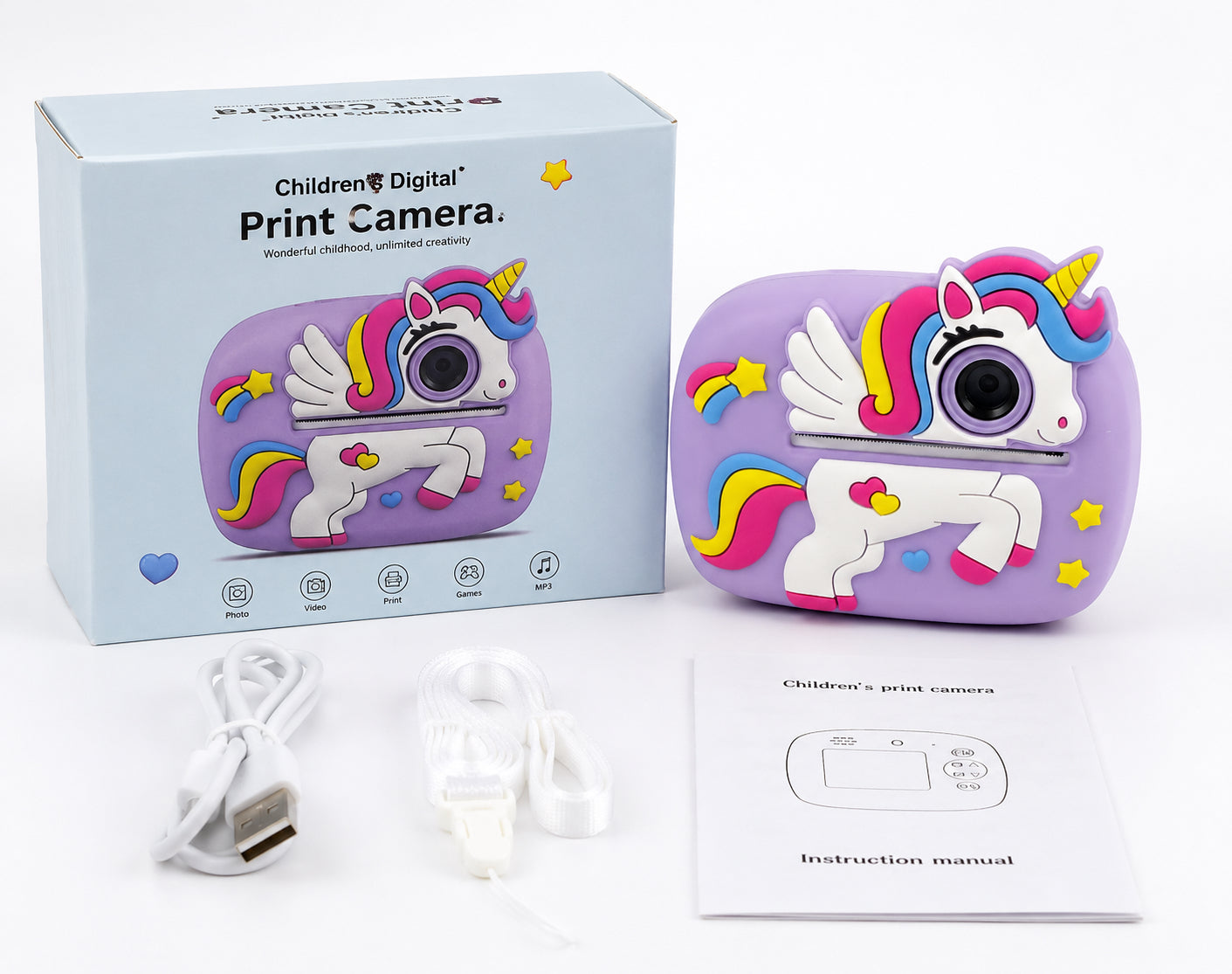 Kinder Sofortbildkamera mit Einhorn Motiv I Digitale Kamera mit Thermodruck, USB-C, 2 Zoll Anzeige, Lila