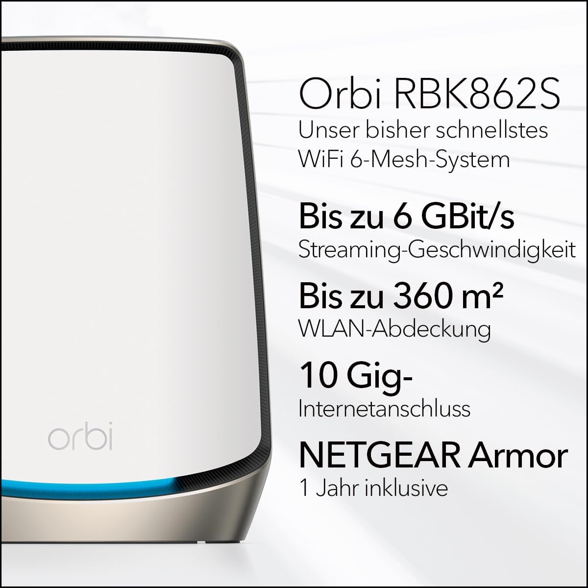 NETGEAR Orbi WiFi 6 Mesh WLAN System (RBK862S) | Triband Mesh, Router mit 1 Satelliten-Repeater, Abdeckung von bis zu 360 m² und 100 Geräten, Armor Abonnement, AX6000 (bis zu 6 GBit/s)