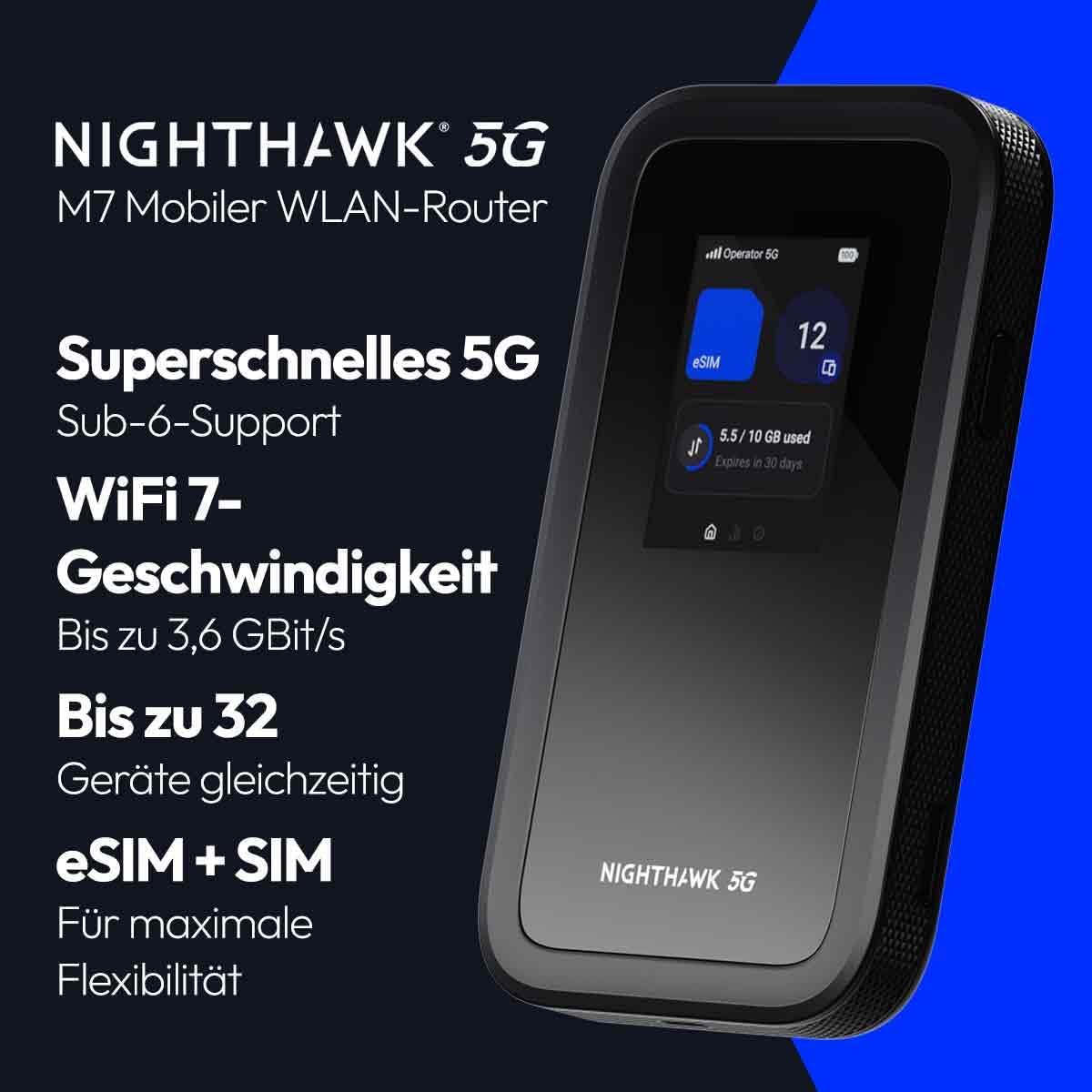 NETGEAR Nighthawk M7 (MH7150) | Mobiler 5G Router mit SIM-Karte & eSIM | Tragbarer WiFi-Hotspot mit physischem SIM-Slot kompatibel mit jedem Anbieter. | 5G/4G/LTE | WiFi 7 | bis zu 3,6 Gbit/s