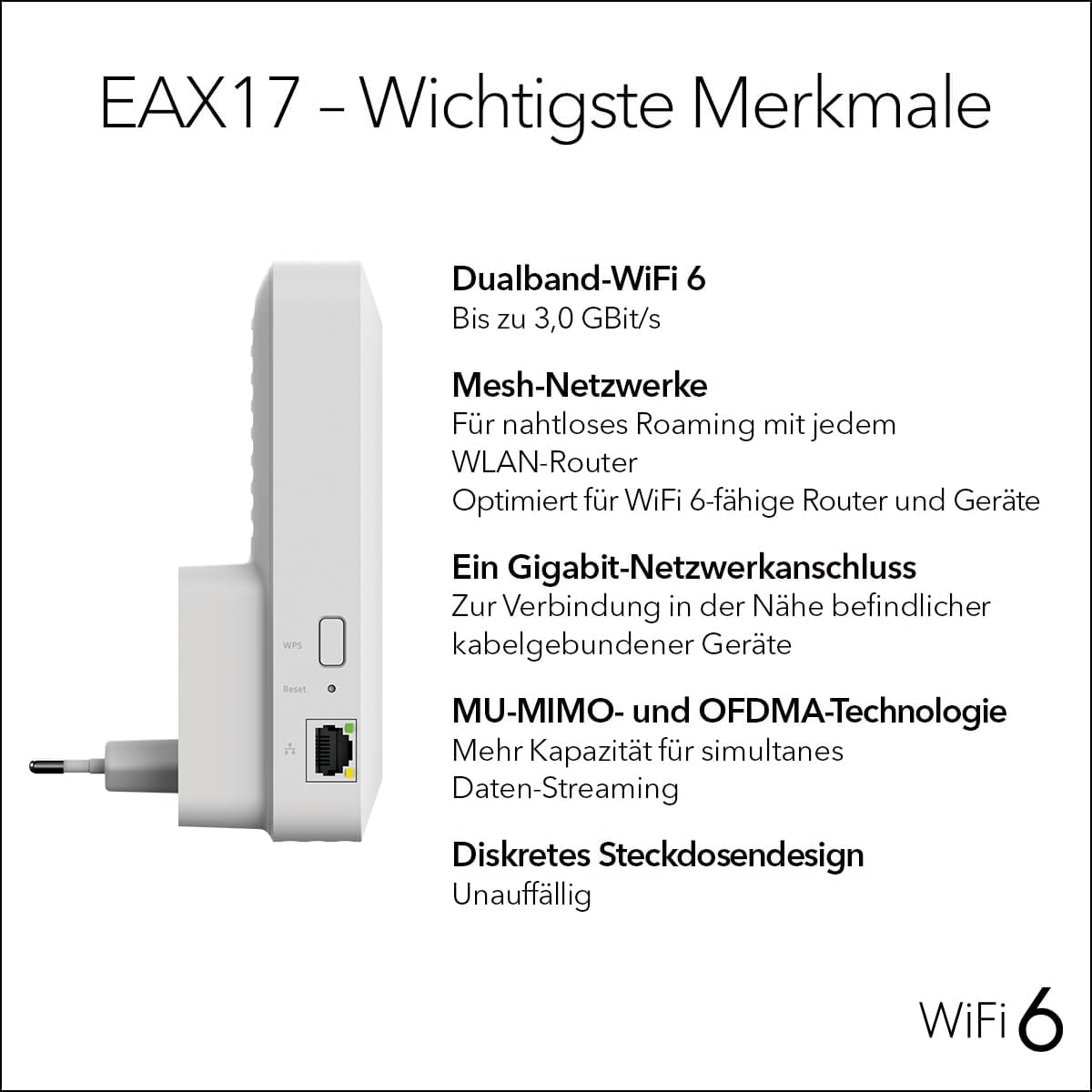 NETGEAR WiFi6 Mesh Repeater (EAX17) Add up to 140 m² and Over 20 Devices with AX3000 Dual Band Wireless Signal Booster and Repeater (max 3.0 Gbps) WPA Security & Smart Roaming