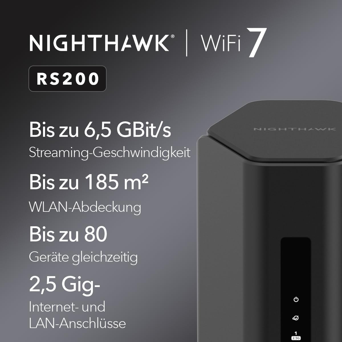 NETGEAR Nighthawk Dual-Band WiFi 7 Router (RS200) – Sicherheitsfunktionen, BE6500 WLAN-Geschwindigkeit (bis zu 6,5 Gbit/s) – deckt bis zu 185 m2, 80 Geräte ab – 2,5 GB Internetanschluss- Gebraucht- Wie Neu