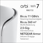 NETGEAR Orbi 770 Serie Tri-Band WiFi 7 Mesh-Netzwerksystem (RBE772) – Router + 1 Satellit-Repeater, Sicherheitsfunktionen, bis zu 11 Gbit/s, Abdeckung bis 360 m2, 100 Geräte, 2,5 GB Internetanschluss
