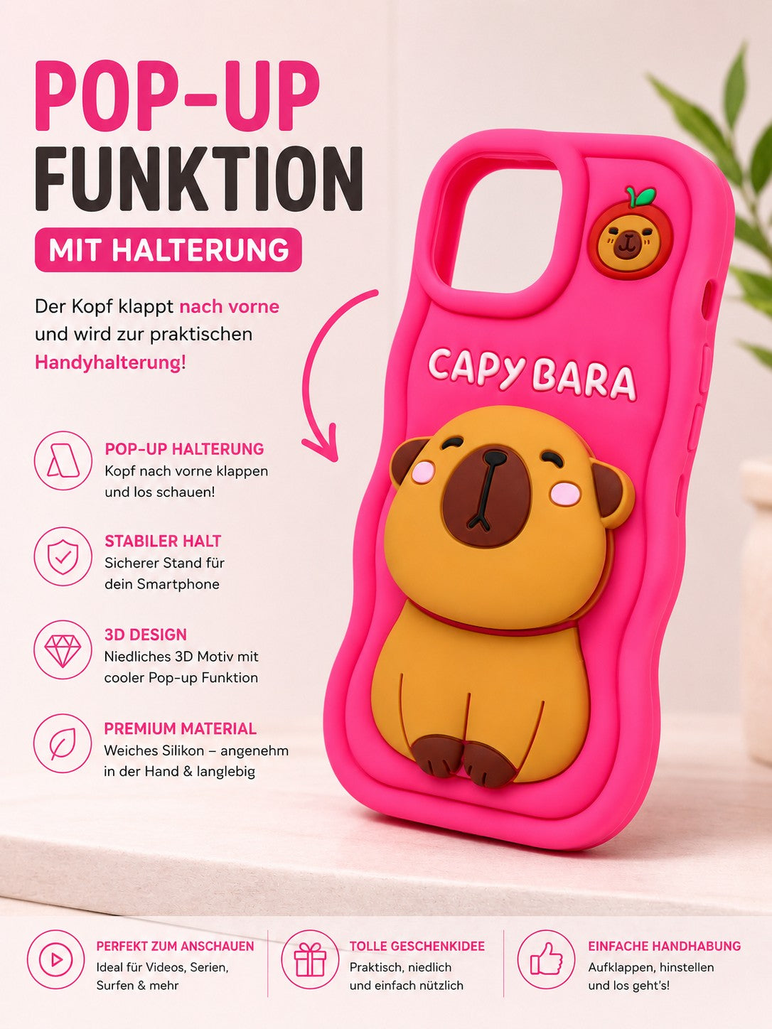 3D Silikon Handyhülle mit Capybara Pop-Up Funktion & Handyhalter | Stoßfest | Weiches Case für iPhone 13 / 14 / 15, Pink