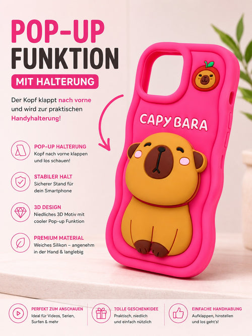 3D Silikon Handyhülle mit Capybara Pop-Up Funktion & Handyhalter | Stoßfest | Weiches Case für iPhone 13 / 14 / 15, Pink