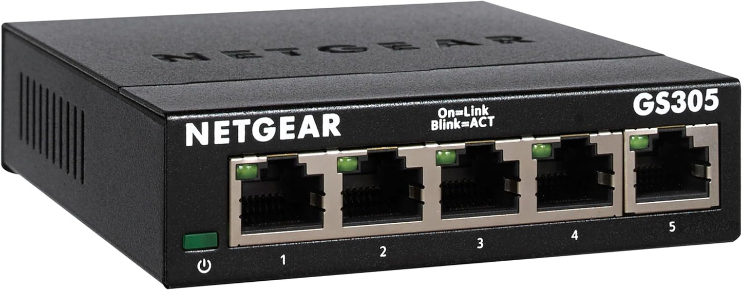 NETGEAR GS305 LAN Switch 5 Port Netzwerk Switch (Plug-and-Play Gigabit Switch LAN Splitter, LAN Verteiler, Ethernet Hub lüfterlos, robustes Metallgehäuse), Schwarz