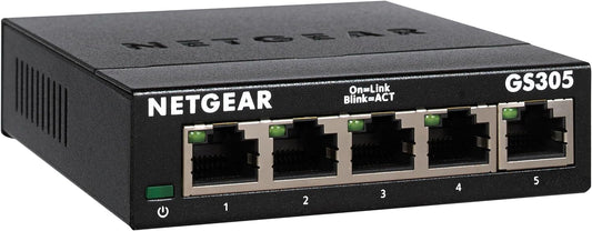 NETGEAR GS305 LAN Switch 5 Port Netzwerk Switch (Plug-and-Play Gigabit Switch LAN Splitter, LAN Verteiler, Ethernet Hub lüfterlos, robustes Metallgehäuse), Schwarz