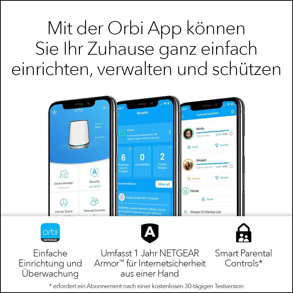 NETGEAR Orbi WiFi 6 Mesh WLAN System (RBK862S) | Triband Mesh, Router mit 1 Satelliten-Repeater, Abdeckung von bis zu 360 m² und 100 Geräten, Armor Abonnement, AX6000 (bis zu 6 GBit/s)
