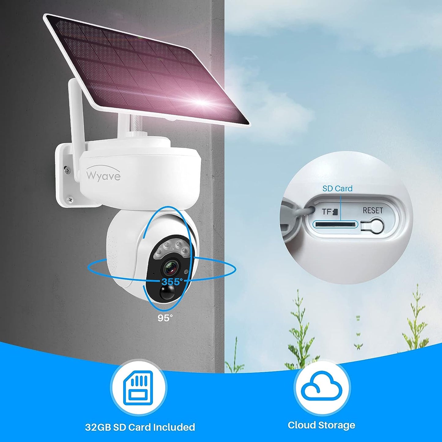 Lykus Solarbatteriebetriebene WLAN-Überwachungskamera für den Außenbereich, kabellose Wyave-Schwenk-Neige-Überwachungskamera mit/PIR-Sensor,  Spotlight-Nachtsicht