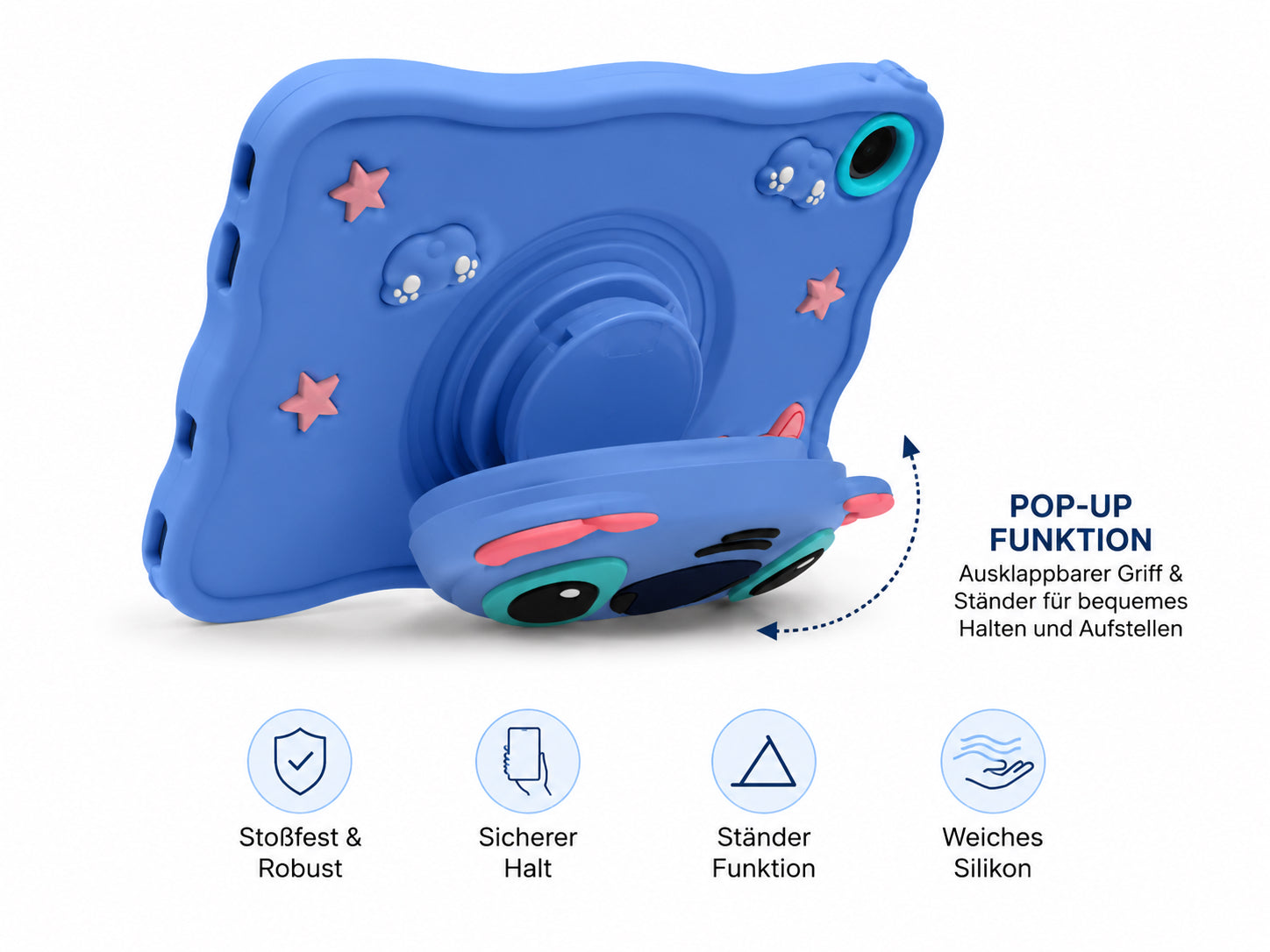 Stitch Tablet Hülle für Samsung Galaxy Tab A9 / A11 – Kinder Silikon Schutzhülle mit 3D Pop-Up Design, Trageband, Stoßschutz, Standfunktion, Weiche Schutzhülle