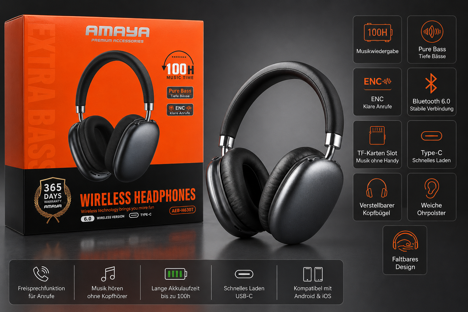 AMAYA AEB-H630T Wireless Bluetooth Kopfhörer – 100 Std. Akkulaufzeit, ENC, Pure Bass, Bluetooth 6.0, USB-C, TF-Karten-Slot