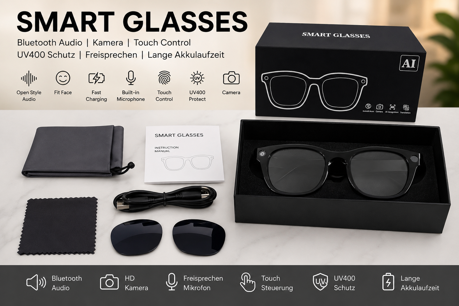 AI Smart Glasses 12MP Kamera | KI Übersetzer App | Bluetooth Audio | Touch Control | UV400 | 2 Wechselgläser