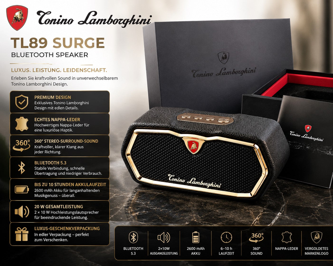 Tonino Lamborghini TL89 SURGE Luxus Bluetooth Lautsprecher 360 Grad Sound,Nappa Leder,  Schwarz