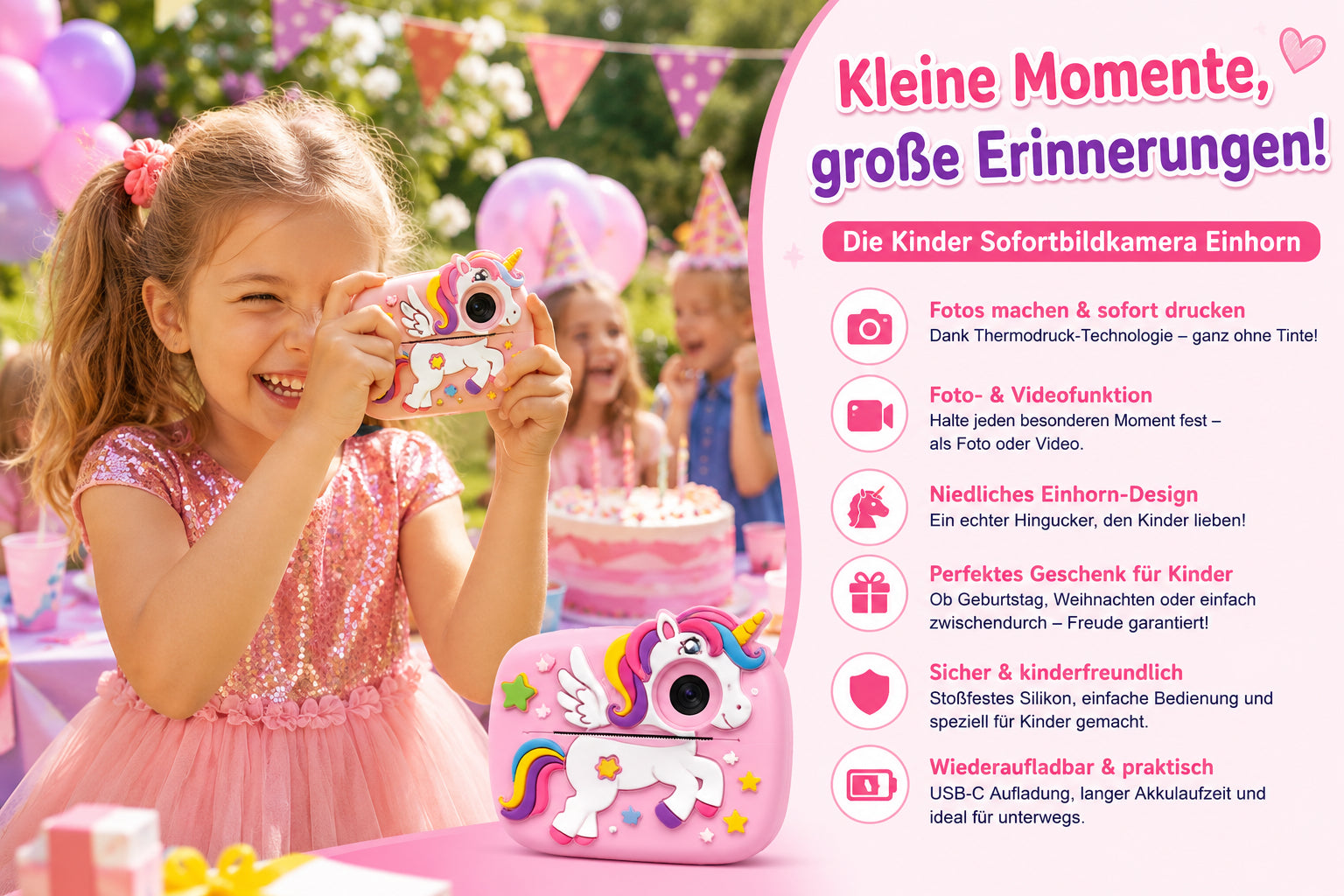 Kinder Sofortbildkamera mit Einhorn Motiv I Digitale Kamera mit Thermodruck, USB-C, 2 Zoll Anzeige, Rosa