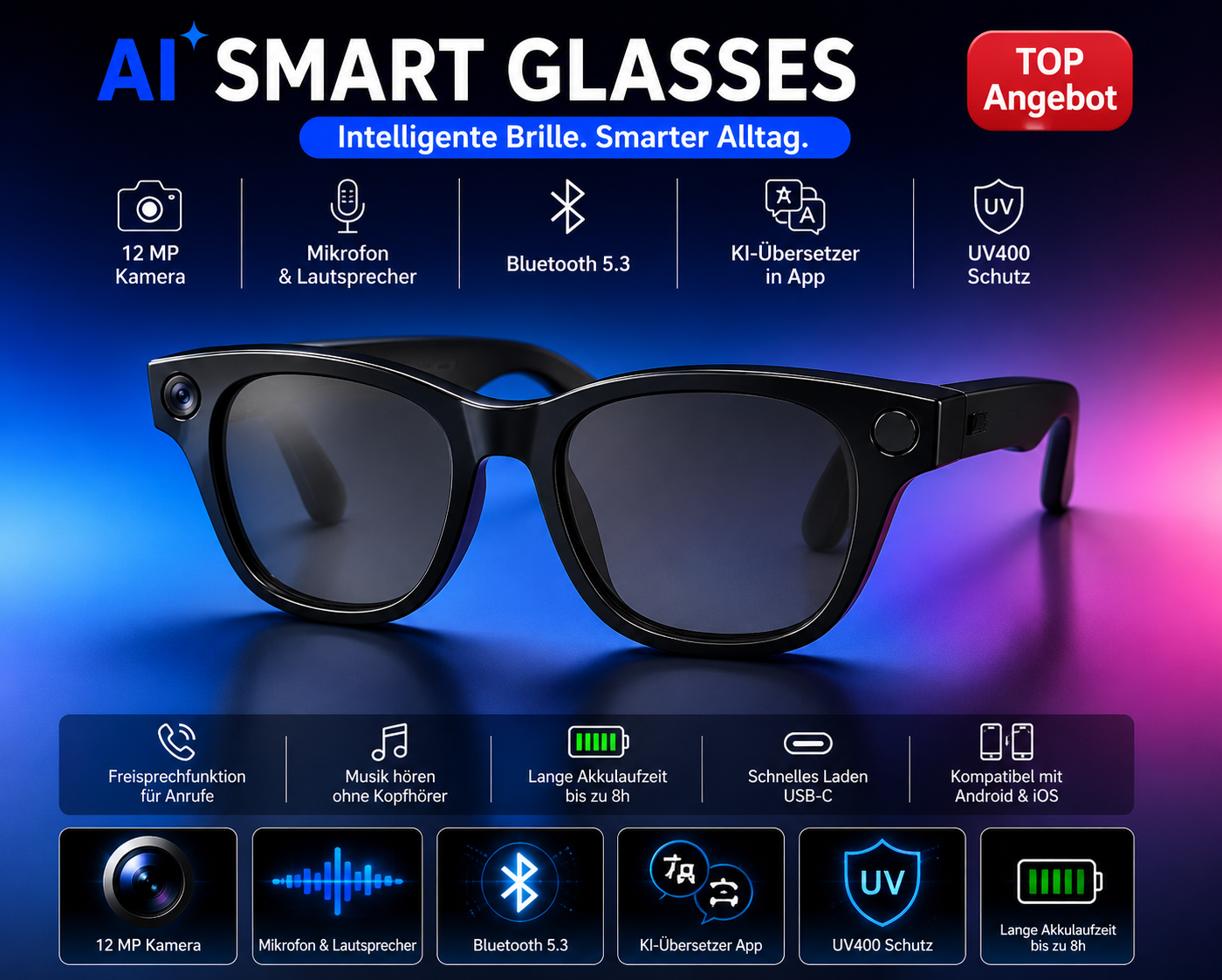 AI Smart Glasses 12MP Kamera | KI Übersetzer App | Bluetooth Audio | Touch Control | UV400 | 2 Wechselgläser