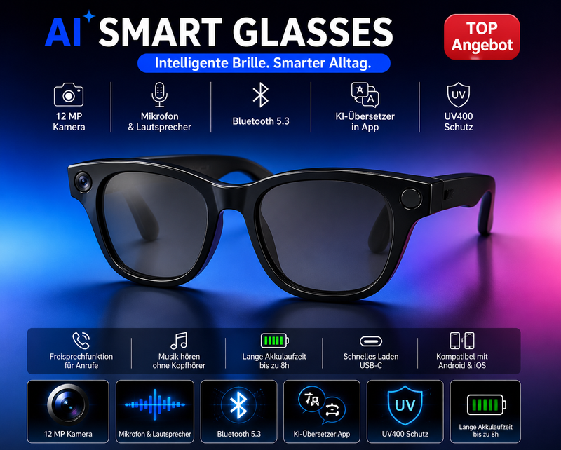AI Smart Glasses 12MP Kamera | KI Übersetzer App | Bluetooth Audio | Touch Control | UV400 | 2 Wechselgläser