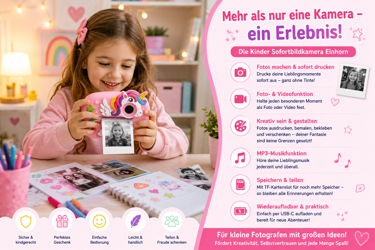 Kinder Sofortbildkamera mit Einhorn Motiv I Digitale Kamera mit Thermodruck, USB-C, 2 Zoll Anzeige, Rosa