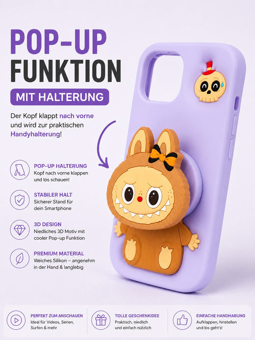 3D Silikon Handyhülle mit LABUBU Pop-Up Funktion & Handyhalter | Stoßfest | Weiches Case für iPhone 13 / 14 / 15, Lavendel