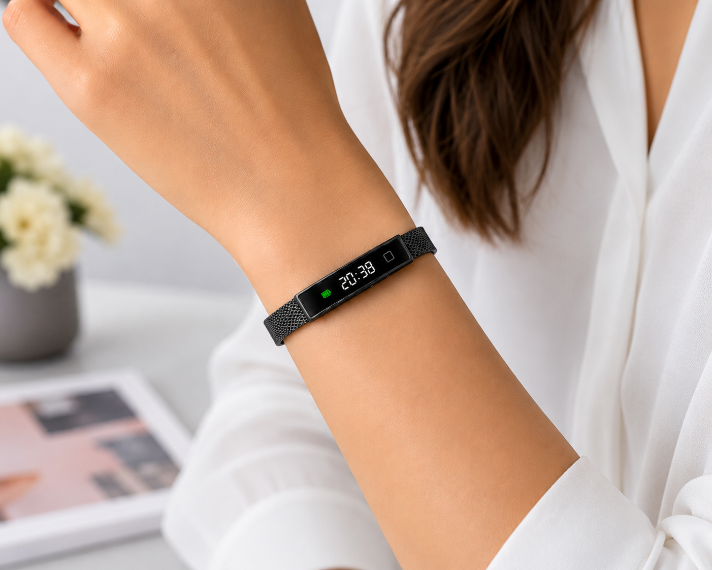 Smart Armband Fitness Tracker LED Display Edelstahl Damen Schwarz