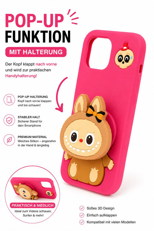 3D Silikon Handyhülle mit LABUBU Pop-Up Funktion & Handyhalter | Stoßfest | Weiches Case für iPhone 13 / 14 / 15, Pink
