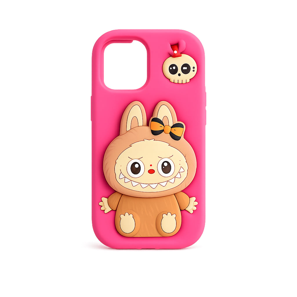 3D Silikon Handyhülle mit LABUBU Pop-Up Funktion & Handyhalter | Stoßfest | Weiches Case für iPhone 13 / 14 / 15, Pink